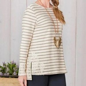 Matilda Jane Striped Terry Laced Deco Long Sleeve  Cream Green Top L